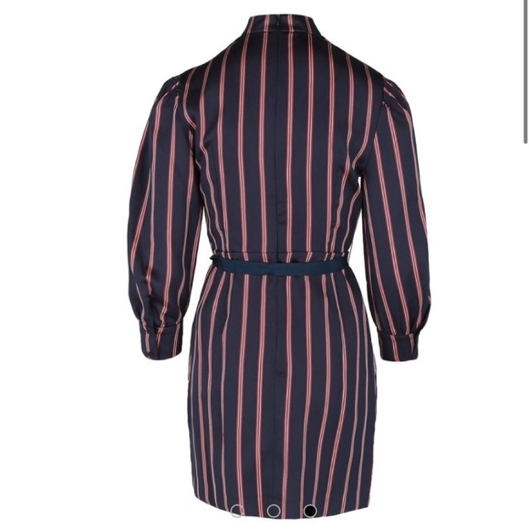 Sandro Deep Navy Blue Striped Respect Satin Dress - Picture 8 of 12